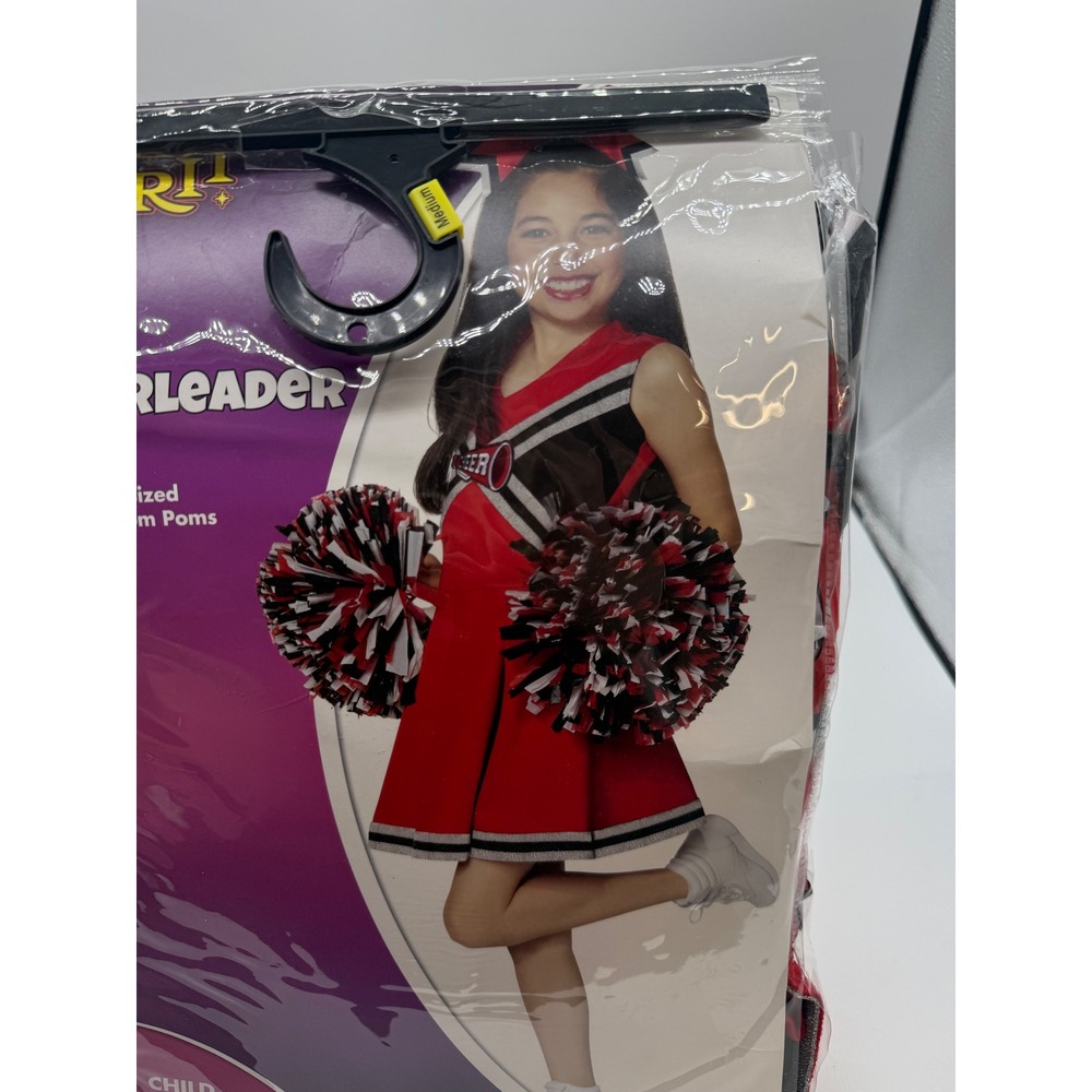 Spirit Halloween Cheerleader Costume Girls Medium 8-10 Red Black Dress Pom Poms - Picture 9 of 16